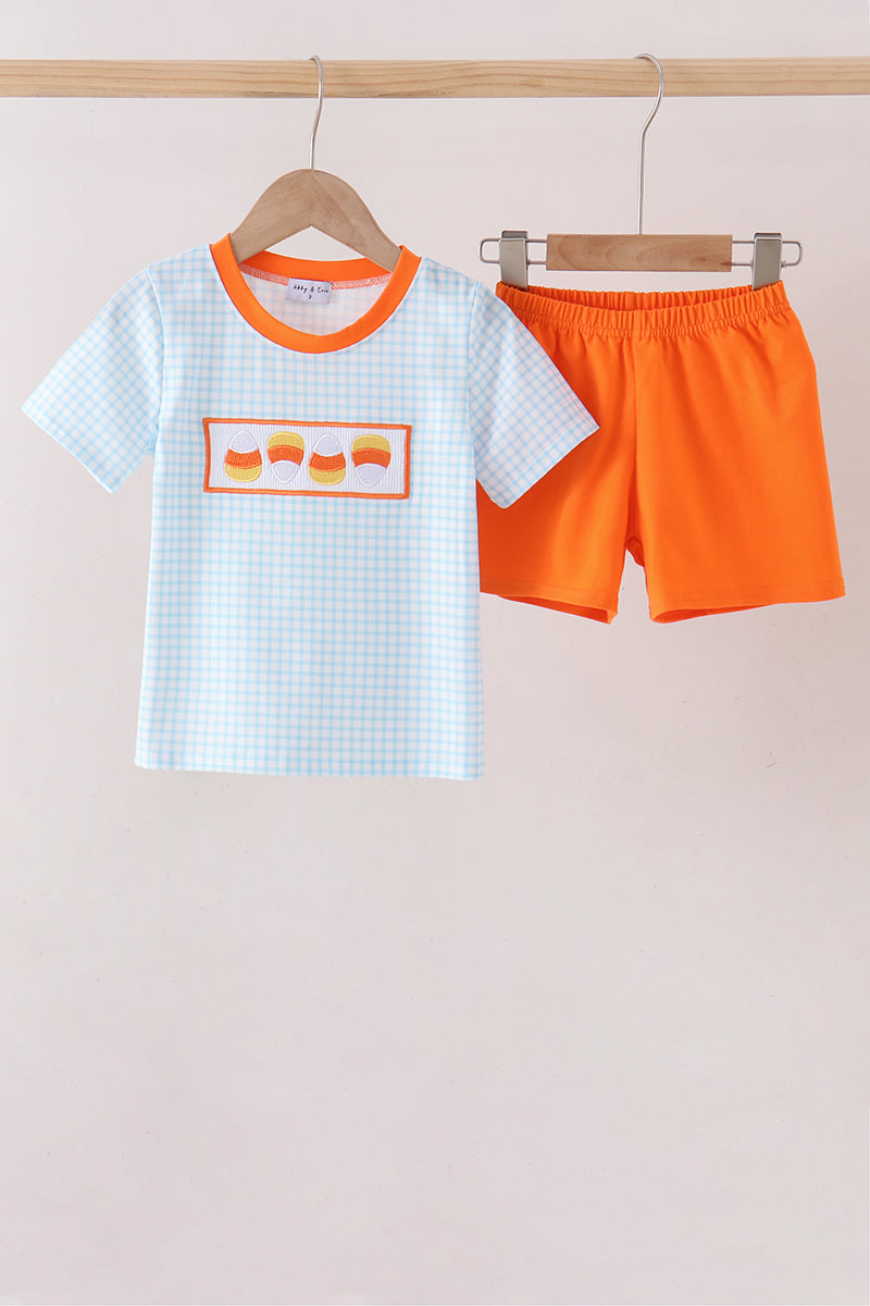 Blue Gingham Candy Corn Embroidery Shorts Set - Aaria Tees Aaria Tees