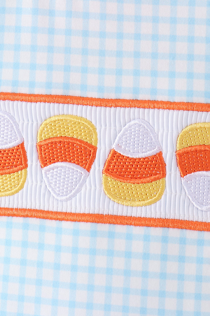 Blue Gingham Candy Corn Embroidery Shorts Set - Aaria Tees Aaria Tees