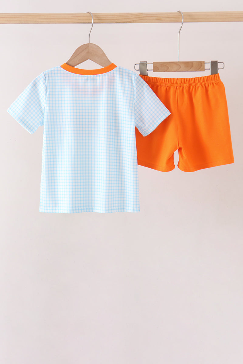 Blue Gingham Candy Corn Embroidery Shorts Set - Aaria Tees Aaria Tees