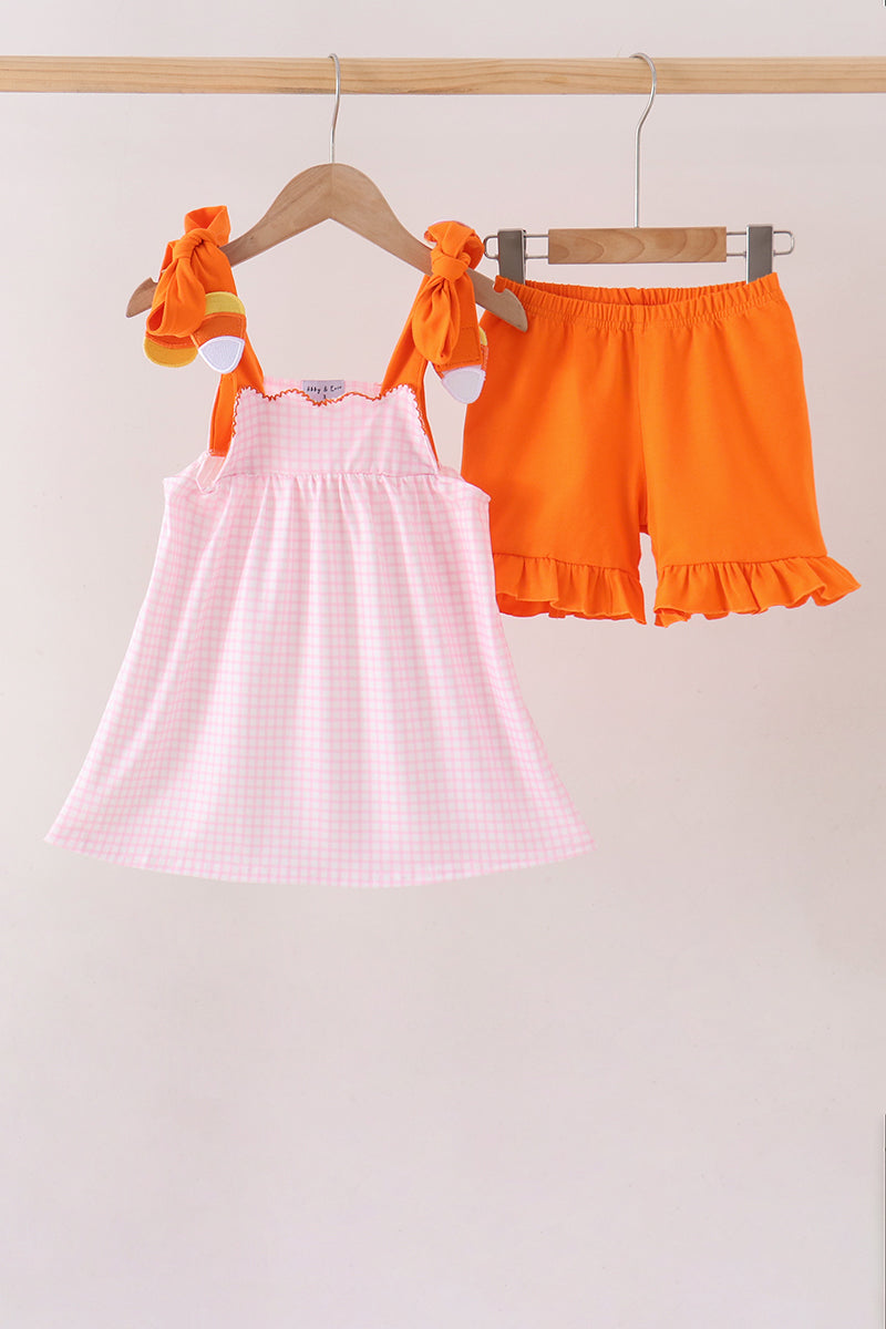 Pink Gingham Candy Corn Ruffle Shorts Set - Aaria Tees