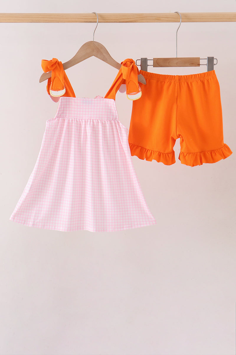 Pink Gingham Candy Corn Ruffle Shorts Set - Aaria Tees Aaria Tees