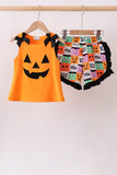 Orange Jack-O-Lantern  Applique Ruffle Shorts Set Aaria Tees