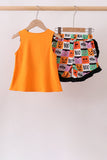 Orange Jack-O-Lantern  Applique Ruffle Shorts Set Aaria Tees