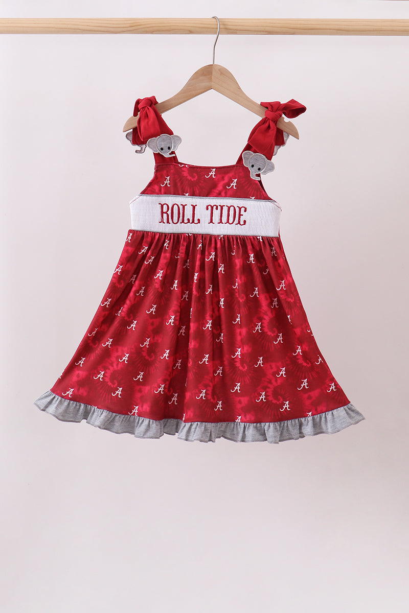 Maroon Alabama Roll Tide Smocked Ruffle Dress - Aaria Tees Aaria Tees