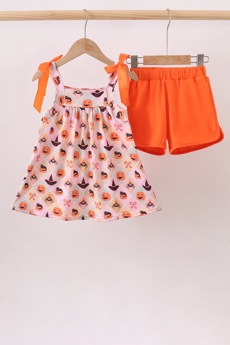 Pumpkin spider bow shorts set - Aaria Tees
