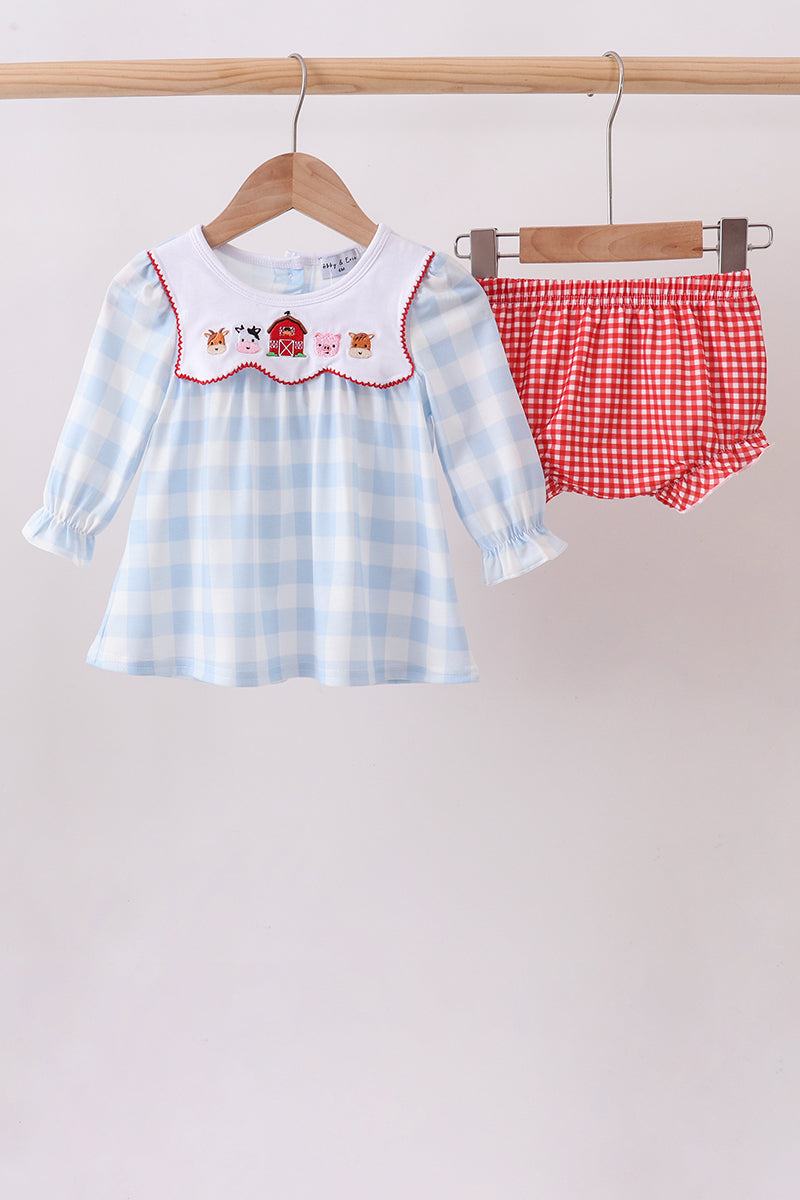 Blue Farm Embroidery Gingham Bloomer Set - Aaria Tees Aaria Tees