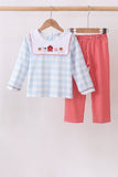 Blue Farm Embroidery Gingham Pants Set - Aaria Tees Aaria Tees