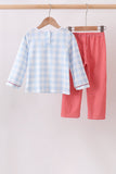 Blue Farm Embroidery Gingham Pants Set - Aaria Tees Aaria Tees