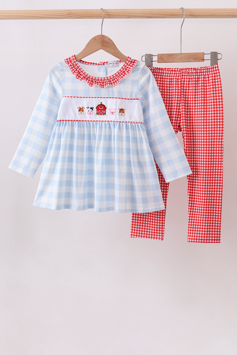 Blue Farm Embroidery Ruffle Gingham Pants Set - Aaria Tees