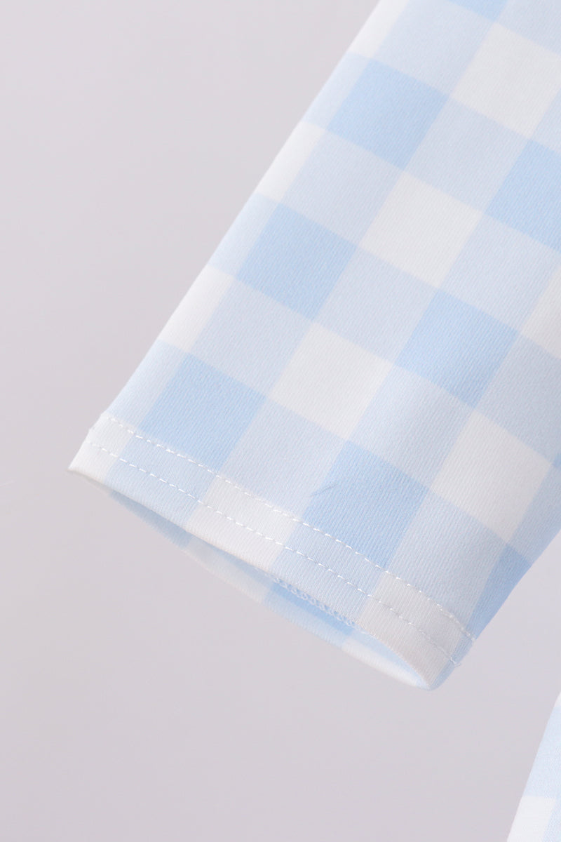 Blue Farm Embroidery Ruffle Gingham Pants Set - Aaria Tees Aaria Tees