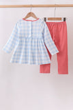 Blue Farm Embroidery Ruffle Gingham Pants Set - Aaria Tees Aaria Tees