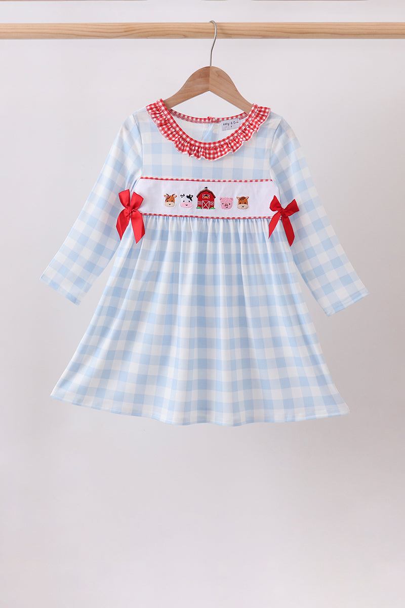 Blue Farm Embroidery Ruffle Gingham Dress - Aaria Tees