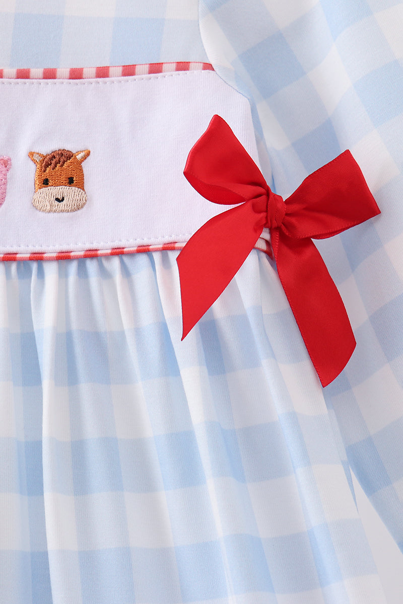 Blue Farm Embroidery Ruffle Gingham Dress - Aaria Tees Aaria Tees