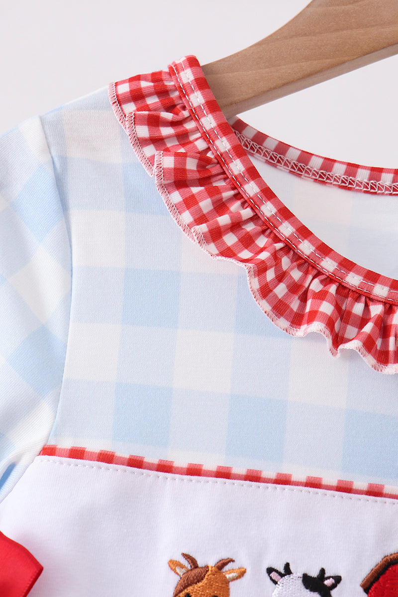 Blue Farm Embroidery Ruffle Gingham Dress - Aaria Tees Aaria Tees