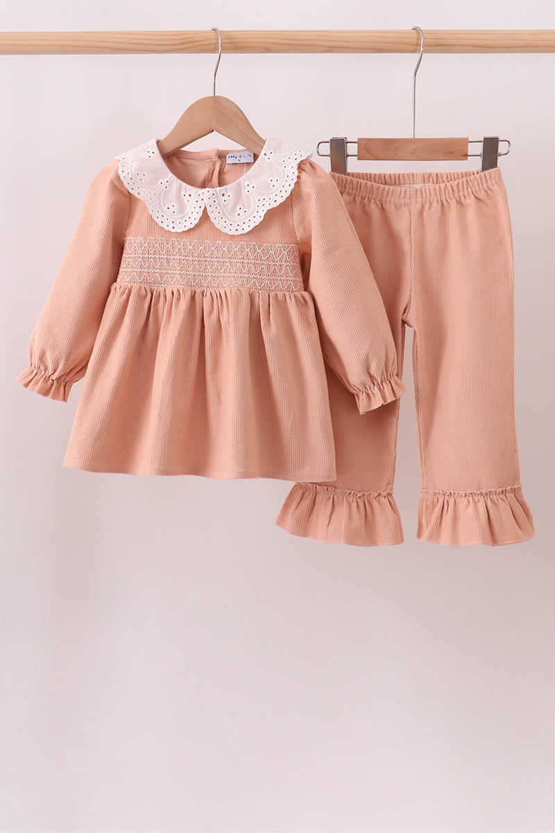 Coral Corduroy Smocked Ruffle Pants Set - Aaria Tees Aaria Tees