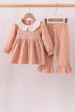 Coral Corduroy Smocked Ruffle Pants Set - Aaria Tees Aaria Tees