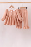Coral Corduroy Smocked Ruffle Pants Set - Aaria Tees Aaria Tees