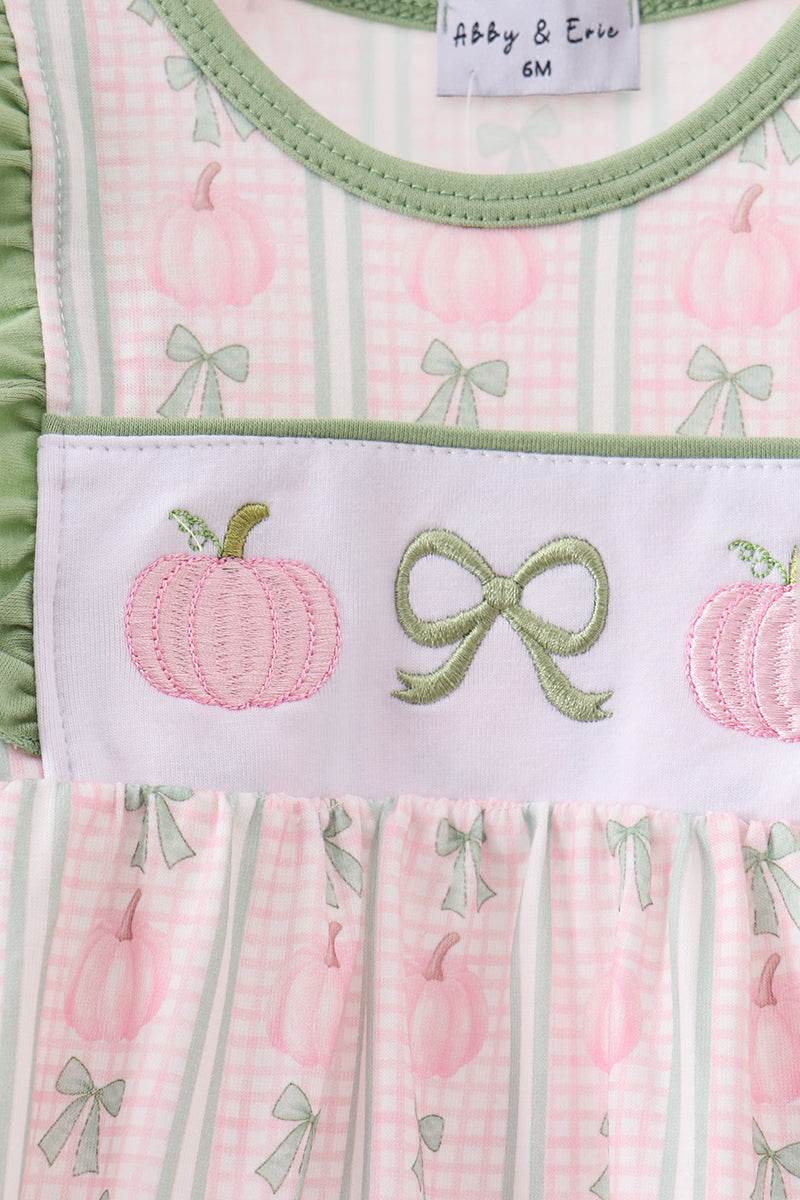 Sage Pumpkin Bow Embroidery Ruffle Bubble - Aaria Tees Aaria Tees