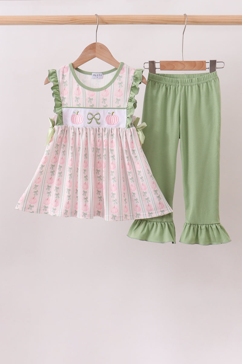 Sage Pumpkin Bow Embroidery Ruffle Pants Set - Aaria Tees Aaria Tees