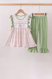 Sage Pumpkin Bow Embroidery Ruffle Pants Set - Aaria Tees Aaria Tees