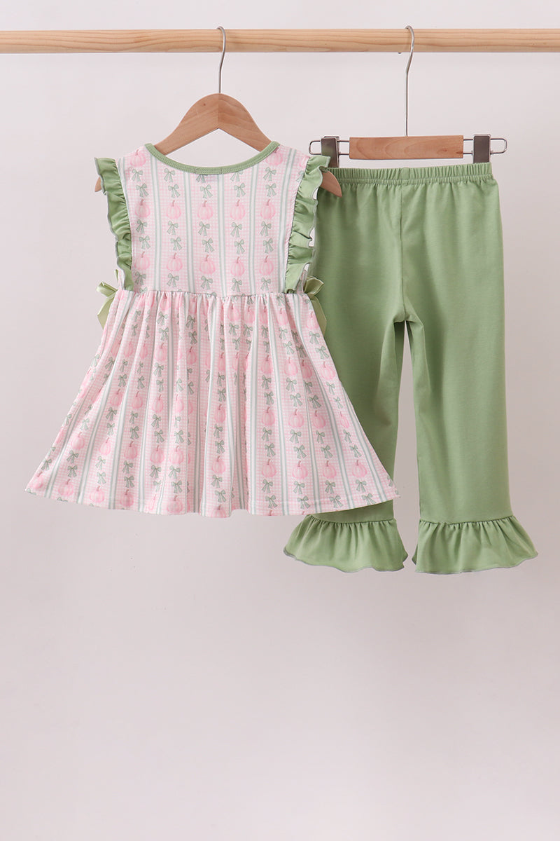 Sage Pumpkin Bow Embroidery Ruffle Pants Set - Aaria Tees Aaria Tees