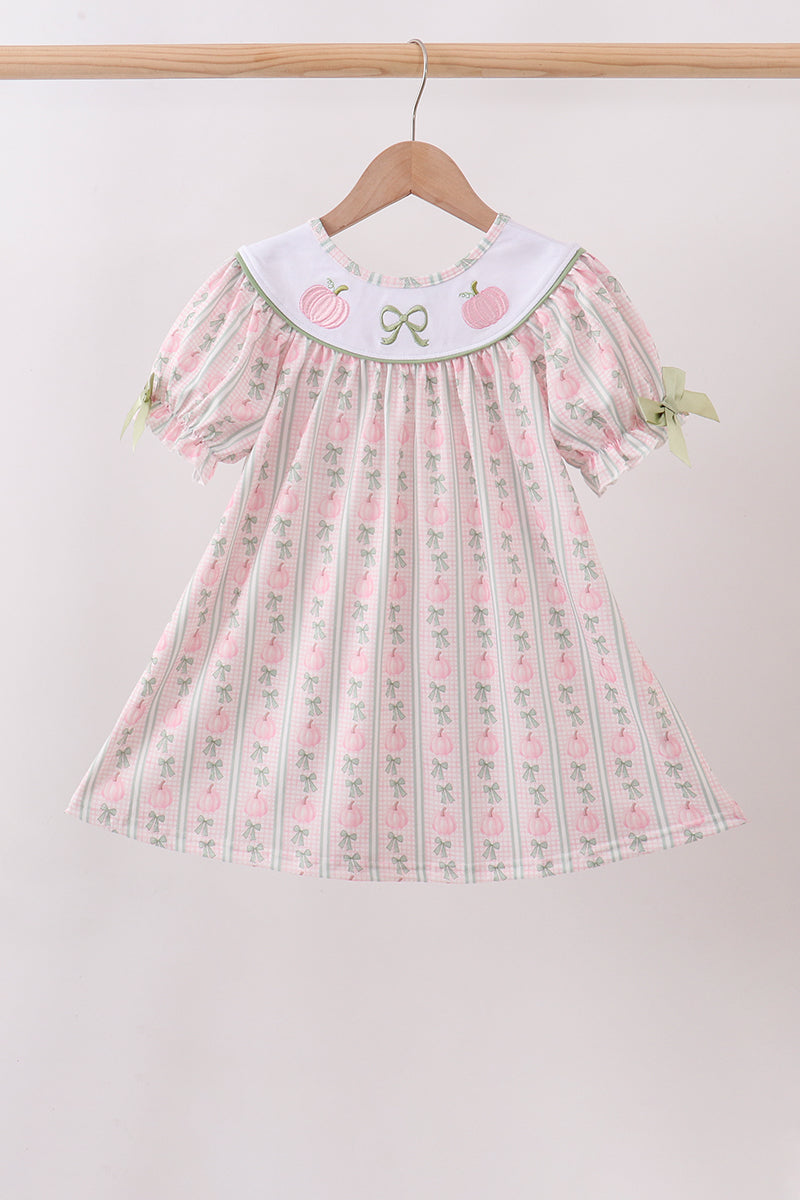 Sage Pumpkin Bow Embroidery Dress - Aaria Tees