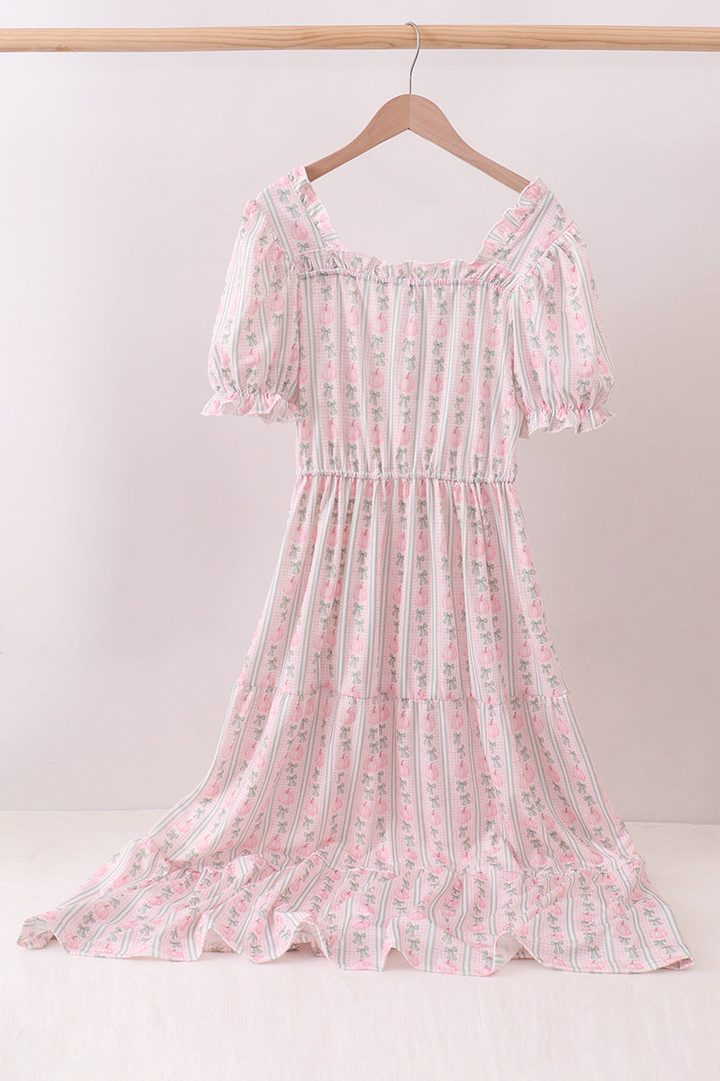 Pumpkin Bow Embroidery Mom Tiered Dress - Aaria Tees