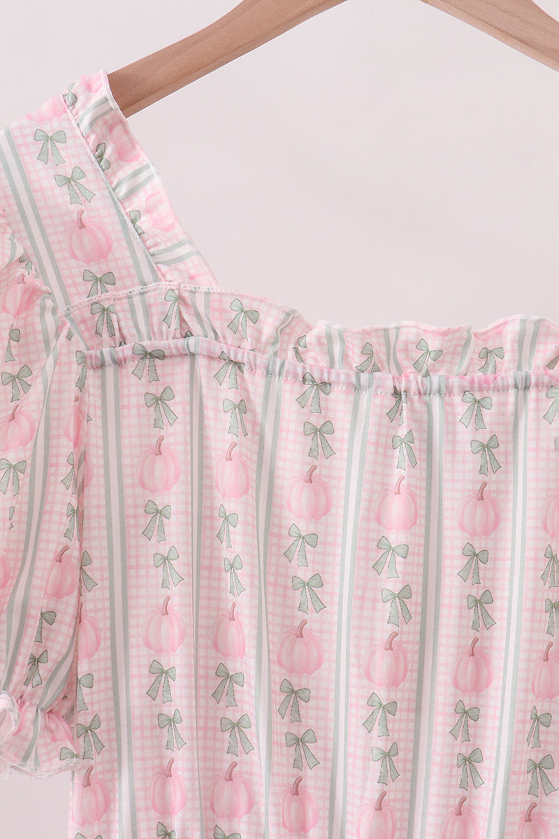 Pumpkin Bow Embroidery Mom Tiered Dress - Aaria Tees Aaria Tees