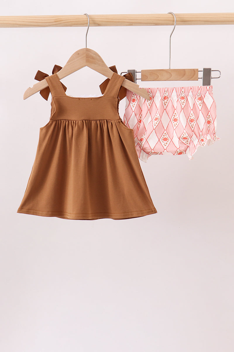 Brown Pumpkin Smocked Lace Bloomer Set - Aaria Tees Aaria Tees