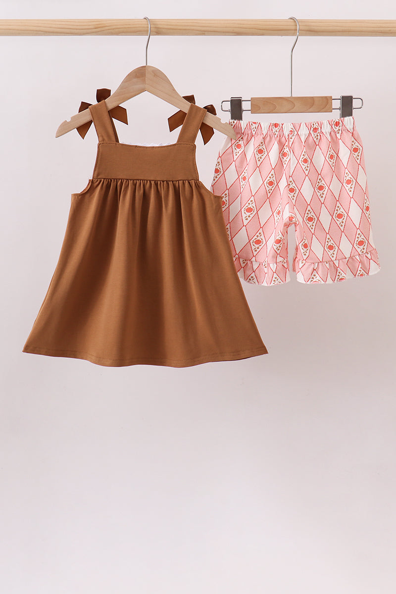 Brown Pumpkin Smocked Lace Shorts Set - Aaria Tees Aaria Tees