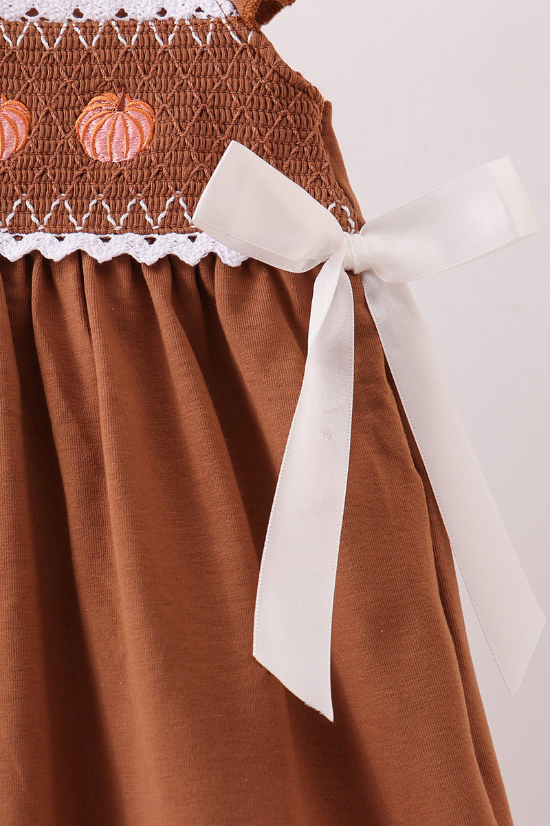 Brown Pumpkin Smocked Lace Dress - Aaria Tees Aaria Tees
