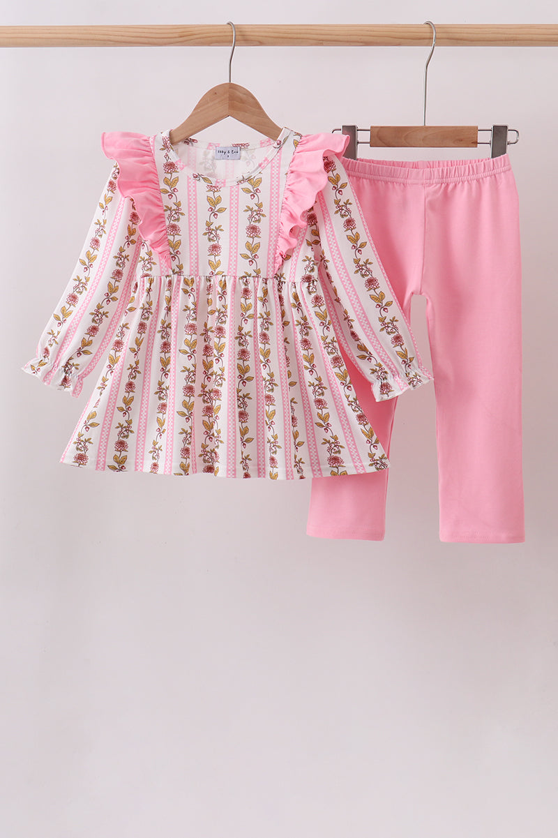 Pink Rose Stripe Ruffle Pants Set - Aaria Tees Aaria Tees