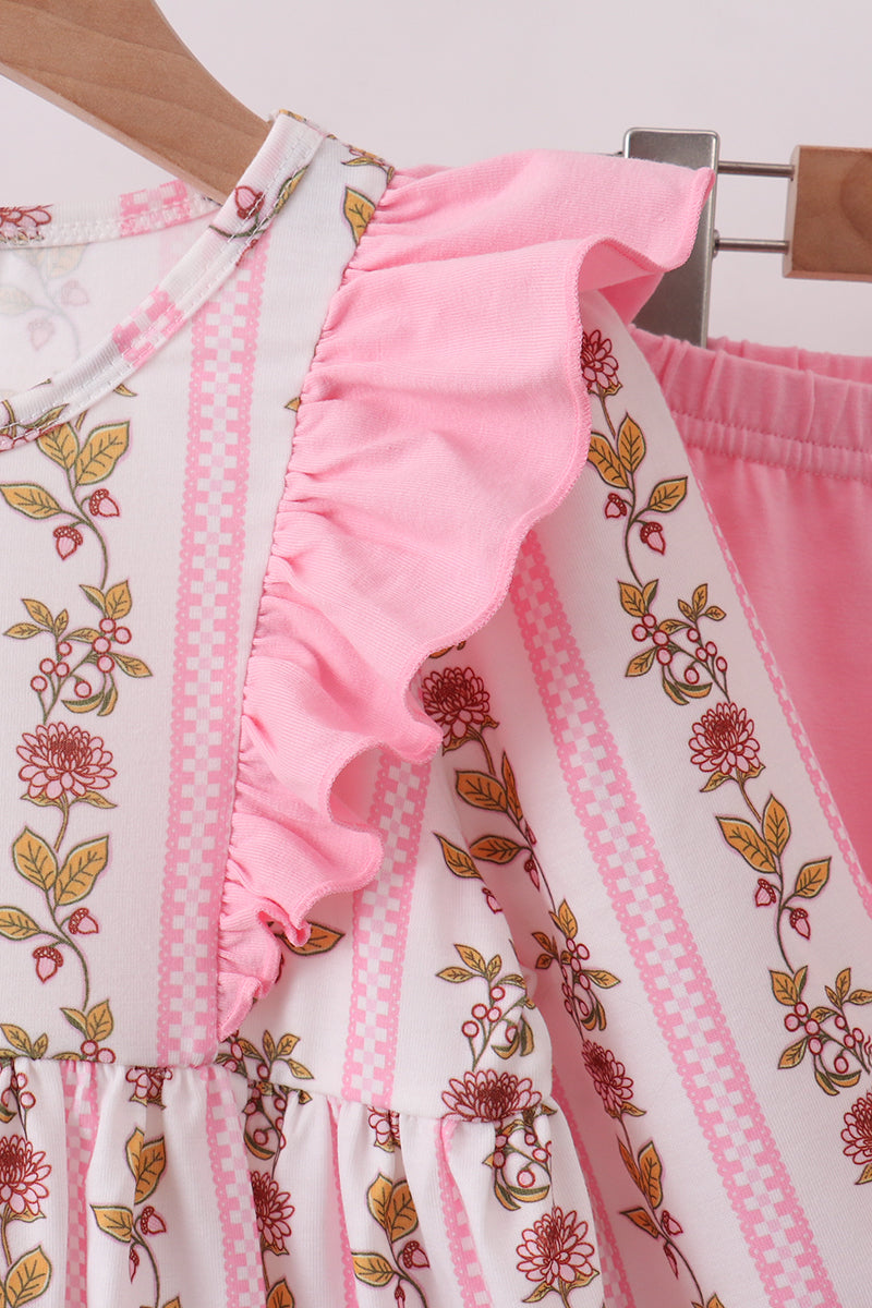Pink Rose Stripe Ruffle Pants Set - Aaria Tees Aaria Tees
