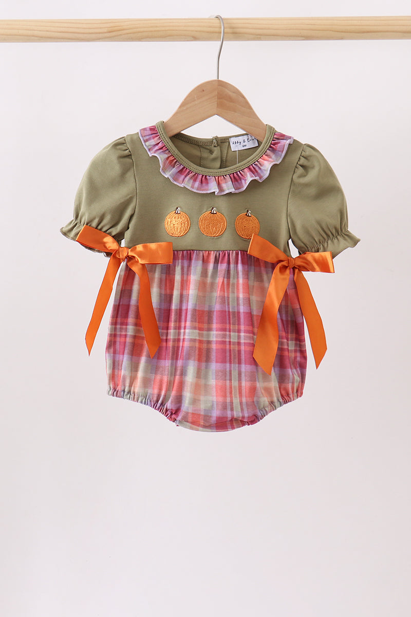 Camel Pumpkin Embroidery Ruffle Plaid Bubble - Aaria Tees Aaria Tees