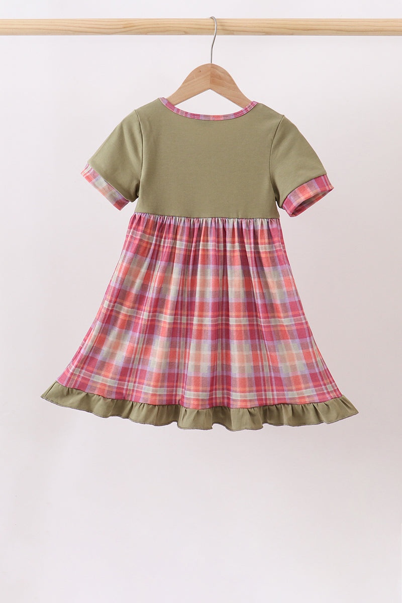 Camel Pumpkin Embroidery Plaid Dress - Aaria Tees Aaria Tees