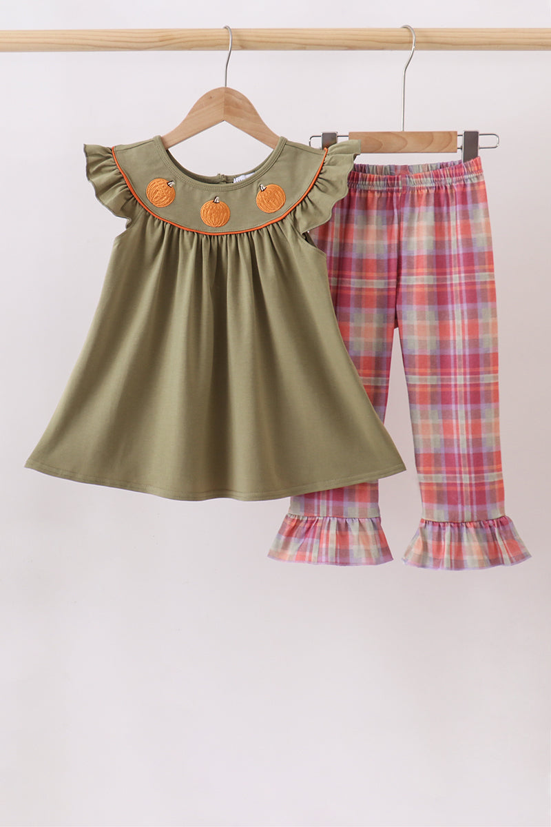Camel Pumpkin Embroidery Plaid Dress - Aaria Tees Aaria Tees