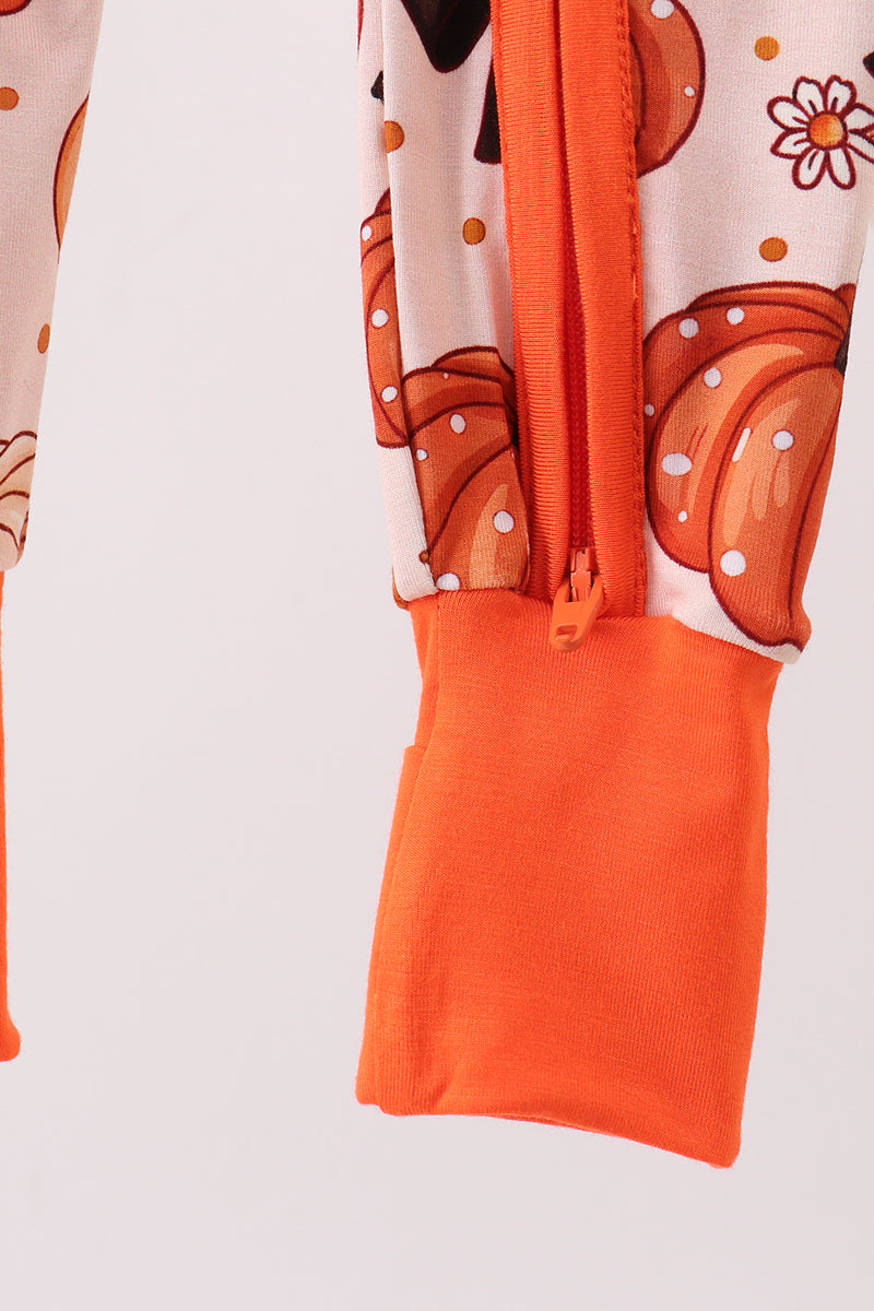 Orange Pumpkin Floral Bow Bamboo Romper - Aaria Tees Aaria Tees