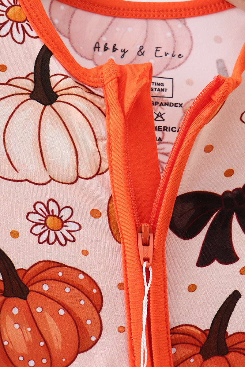 Orange Pumpkin Floral Bow Bamboo Romper - Aaria Tees Aaria Tees