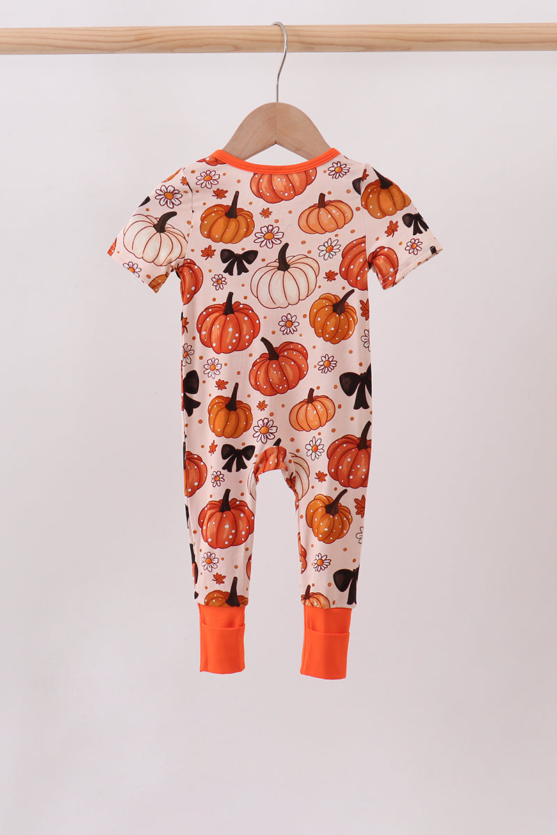 Orange Pumpkin Floral Bow Bamboo Romper - Aaria Tees Aaria Tees