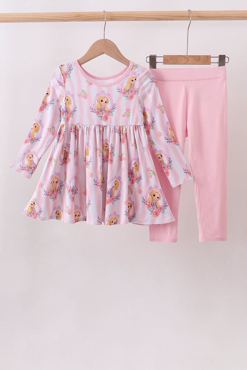 Pink princess floral stripe bamboo pants set - Aaria Tees Aaria Tees