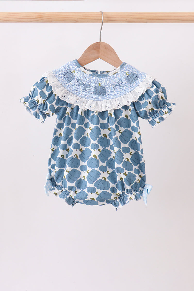 Blue pumpkin bow smocked lace bubble - Aaria Tees