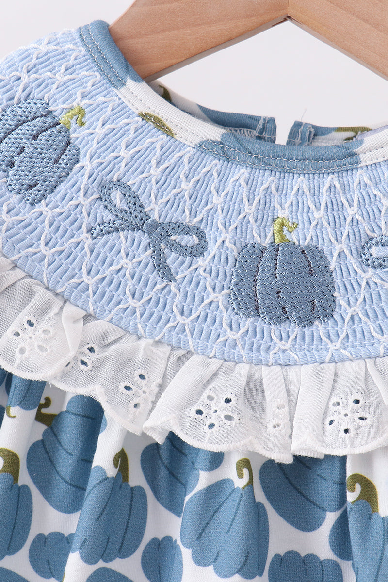 Blue pumpkin bow smocked lace bubble - Aaria Tees Aaria Tees