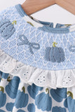 Blue pumpkin bow smocked lace bubble - Aaria Tees Aaria Tees