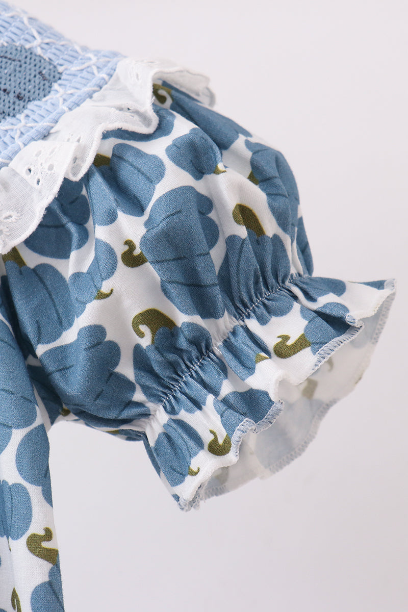Blue pumpkin bow smocked lace bubble - Aaria Tees Aaria Tees