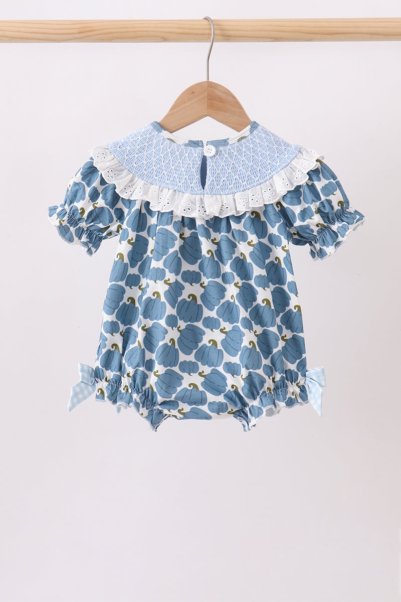 Blue pumpkin bow smocked lace bubble - Aaria Tees Aaria Tees