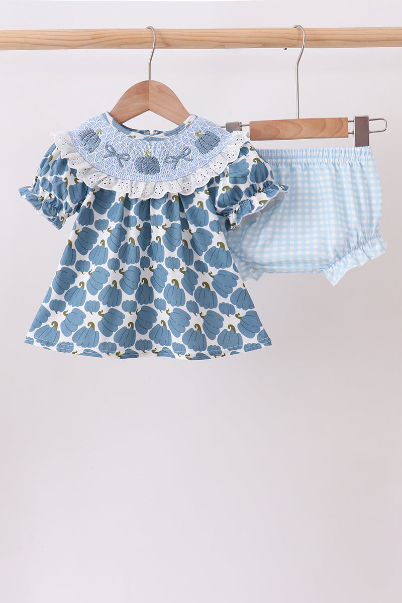 Blue pumpkin bow smocked lace bloomer set - Aaria Tees Aaria Tees