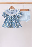 Blue pumpkin bow smocked lace bloomer set - Aaria Tees Aaria Tees
