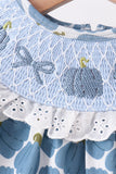Blue pumpkin bow smocked lace bloomer set - Aaria Tees Aaria Tees