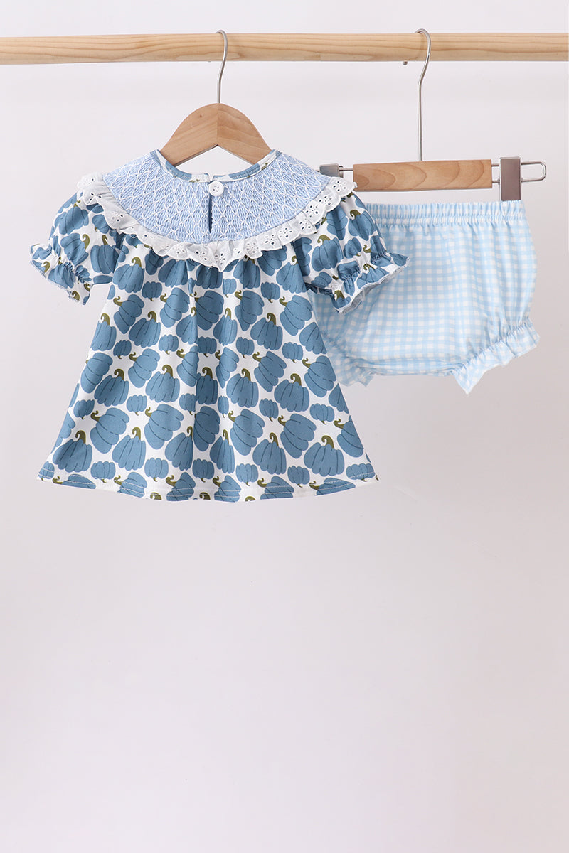 Blue pumpkin bow smocked lace bloomer set - Aaria Tees Aaria Tees