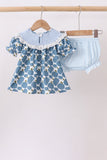 Blue pumpkin bow smocked lace bloomer set - Aaria Tees Aaria Tees